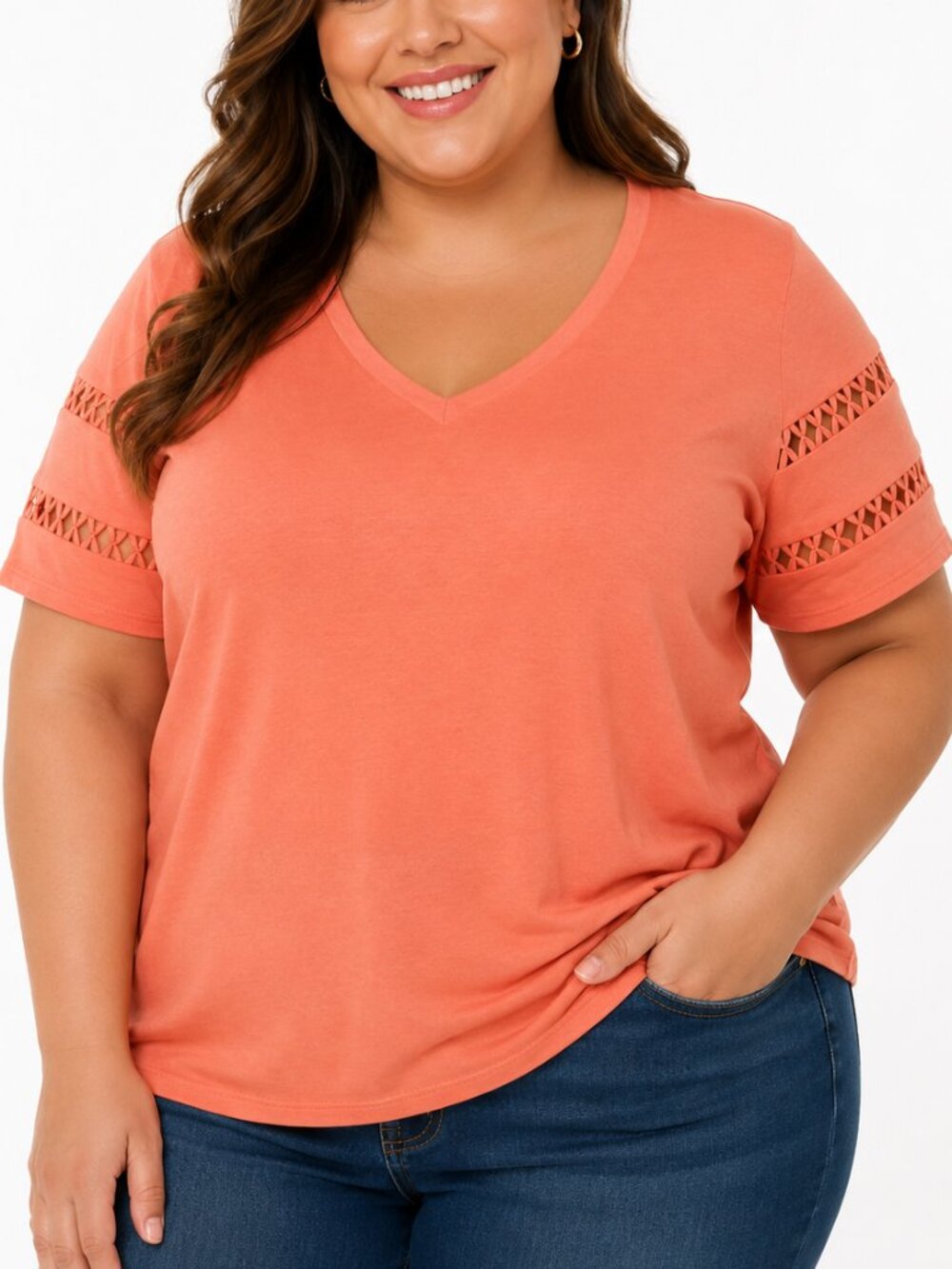 Lane Bryant Top 22/24 (3X) Orange V-Neck Cutout Short Sleeve T-Shirt Tee Plus